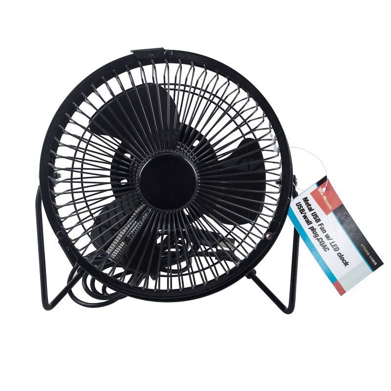 METAL USB FAN W/ LED CLOCK, USB/WALL PLUG, 4-INCH, 6-INCH