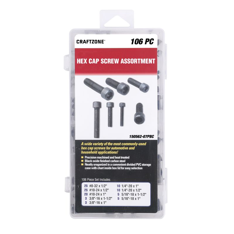 106PC HEX CAP SCREW ASSORTMENT, BLACK OXIDE, 9 SIZES