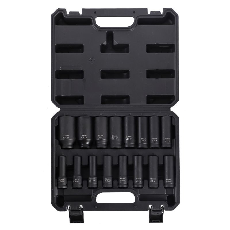 16PC 1/2”DR.METRIC DEEP IMPACT SOCKET SET, LENGTH:78MM(3”), SIZE:10-32MM, WITH A STORAGE CAGE