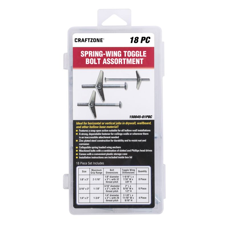 18PC SPRING-WING TOGGLE BOLT ASSORTMENT, EASY INSTALLATION