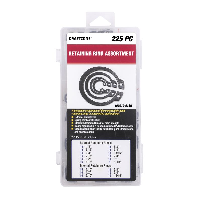 225PCS RETAINING RING ASSORTMENT, EXTERNAL AND INTERNAL, 18 SIZES