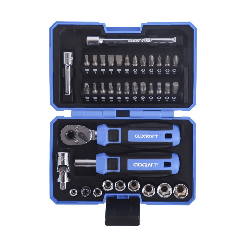 38PC RATCHET TOOL SET, RATCHET HANDLE, UNIVERSAL JOINT, SOCKETS AND BITS