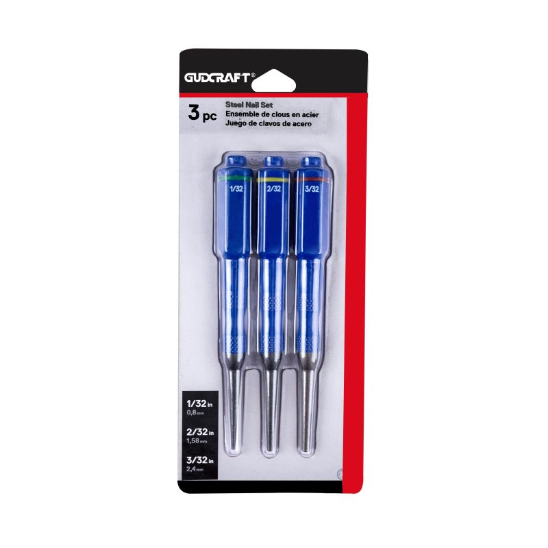 3PC STEEL NAIL PUNCH SET,CRV, 1/32″,1/16″, 3/32″, BLUE COATED