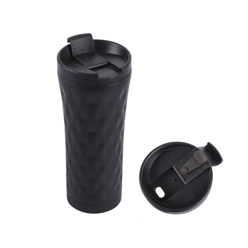 500ML BLACK COFFEE MUG WITH LID, STAINLESS STEEL, DOUBLE WALL