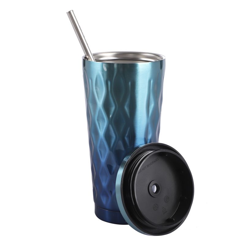 500ML BLUE MUG W/STRAW, STAINLESS STEEL, DOUBLE WALL