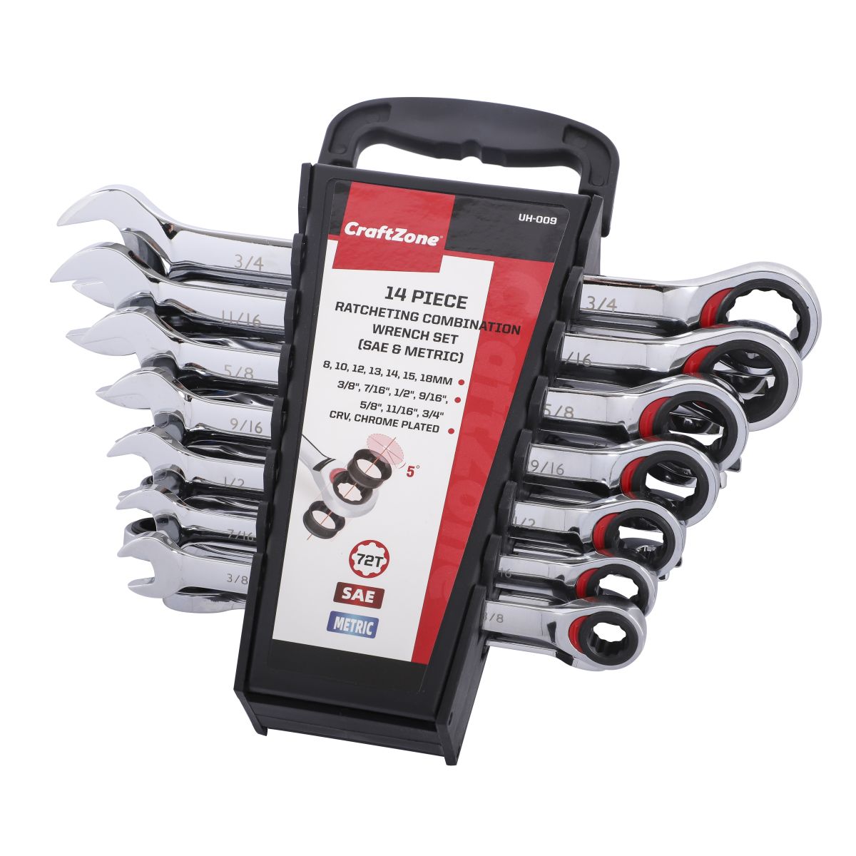 RATCHETING COMBINATION WRENCH SET, SEA & METRIC WITH COLOR RING, 14PC/7PC, 3/8″ TO 3/4″; 8MM TO 18MM, WITH ORGANIZER RACK, 12-POINT, 72 TEETH, CHROME VANADIUM STEEL